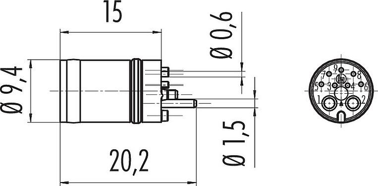 Dessin coté M12 Encastrable mâle, Contacts: 2+7, souder, IP67 enfiché et verrouillé, Montage frontal