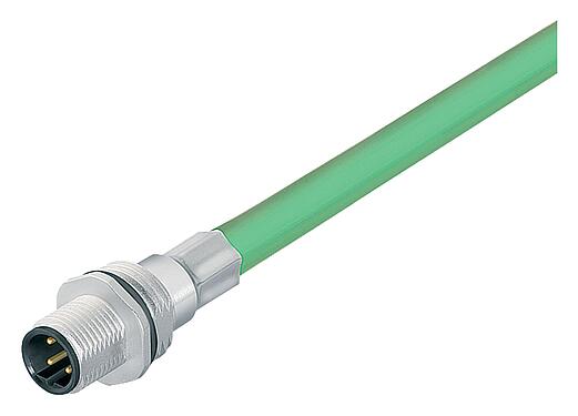 Illustration M12 Embase mâle, Contacts: 4, blindé, assemblés avec câble, IP67, UL, M16x1,5, Profinet, PUR, vert, 2 x 2 x AWG 22, Montage frontal, 0,5 m