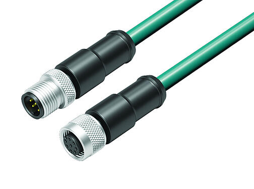 Illustration 77 3530 3529 34708-0300 - M12/M12 Connecting cable male cable connector - female cable connector, Contacts: 8, shielded, moulded on the cable, IP67, Ethernet CAT5e, TPE, blue/green, 4 x 2 x AWG 24, 3 m