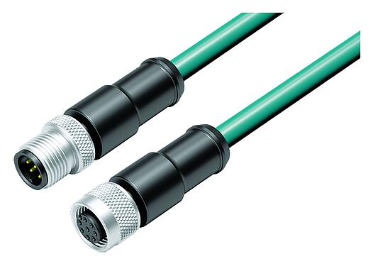 Illustration M12 Connecting cable male cable connector - female cable connector, Contacts: 8, shielded, moulded on the cable, IP67, Ethernet CAT5e, TPE, teal, 4 x 2 x AWG 24, 5 m