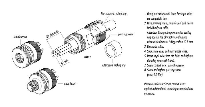 Assembly instructions 99 0700 37 05 - M12 Female cable connector, Contacts: 4+PE, 8.0-13.0 mm, unshielded, screw clamp, IP67, UL 2237 in preparation, with PE connection