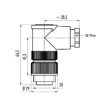 Scale drawing RD24 Male angled connector, Contacts: 3+PE, 8.0-10.0 mm, unshielded, screw clamp, IP67, PG 11