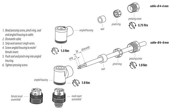 Instrucción de montaje M12 Conector macho en ángulo, Número de contactos: 2+PE, 6,0-8,0 mm, sin blindaje, tornillo extraíble, IP67, UL
