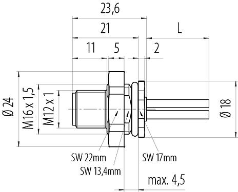 Dibujo a escala M12 Enchufe de brida, Número de contactos: 4, sin blindaje, hilos, IP68, UL 2238, M16x1,5, Montaje en pared