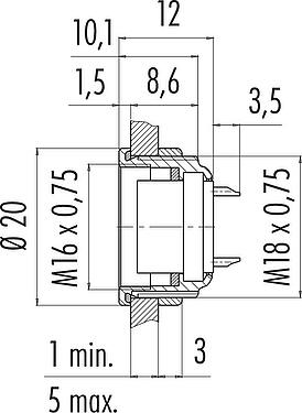 Scale drawing M16 Female panel mount connector, Contacts: 24, unshielded, solder, IP67, UL 2238, M18x0,75, Front mounting
