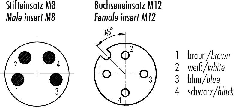 Contact arrangement (Plug-in side) M12/M8 Male cable connector - female angled connector, Contacts: 4, unshielded, moulded on the cable, IP67/IP69K, PUR, black, 4 x 0.25 mm², with LED PNP closer, 2 m