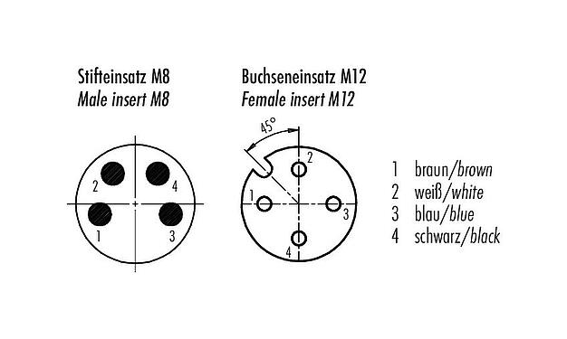 Contact arrangement (Plug-in side) 77 3634 3405 50004-0200 - M12/M8 Male cable connector - female angled connector, Contacts: 4, unshielded, moulded on the cable, IP67, PUR, black, 4 x 0.25 mm², with LED PNP closer, 2 m