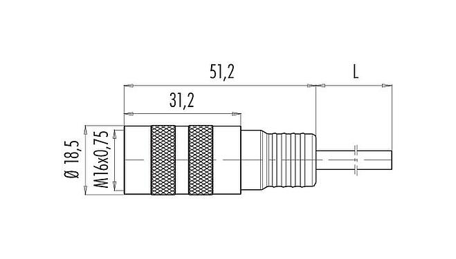 Scale drawing M16 Female cable connector, Contacts: 6 (06-a), shielded, moulded on the cable, IP67, PUR, black, 6 x 0.25 mm², 2 m
