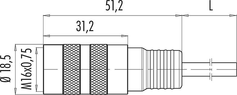 Dibujo a escala M16 Conector de cable hembra, Número de contactos: 12 (12-a), sin blindaje, moldeado en el cable, IP67, PUR, negro, 12 x 0,25 mm², 2 m