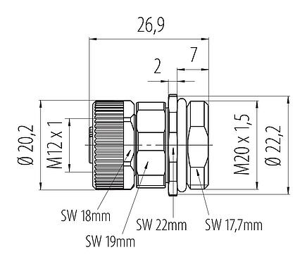 Scale drawing M12 Female panel mount connector, Contacts: 4, unshielded, screw clamp, IP68, UL 2238, VDE, M20x1.5, Front mounting