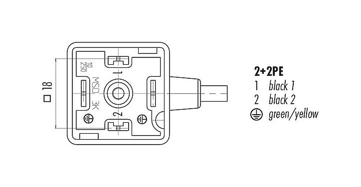 Disposition des contacts (Côté plug-in) 31 5237 300 520 - Douille d'électrovanne, Contacts: 2+2PE, non blindé, surmoulé sur le câble, IP67, PUR, noir, Circuit Z20, avec LED, PNP, 3 m