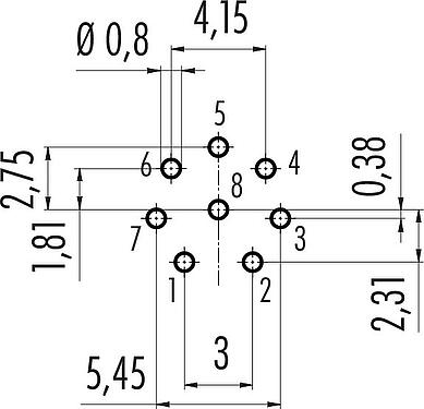 Conductor layout M12 Male panel mount connector, Contacts: 8, unshielded, THT, IP68, UL 2238, M16x1.5, Front mounting