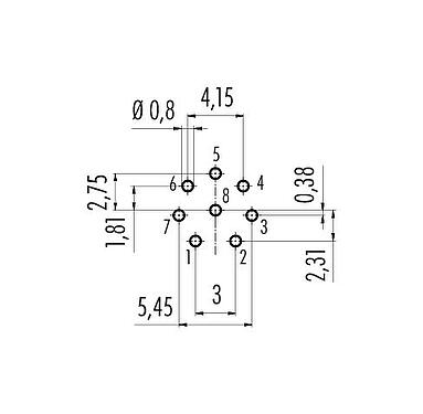 Conductor layout M12 Male panel mount connector, Contacts: 8, unshielded, THT, IP68, UL 2238, PG 9, Rear mounting