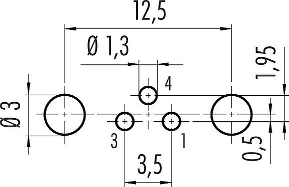 Conductor layout M8 Female panel mount connector, Contacts: 3, shieldable, THT, IP67, UL 2238, M10x0.75, Rear mounting, potted