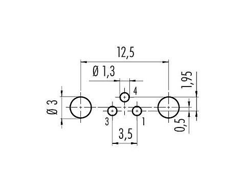 Conductor layout 09 3418 82 03 - M8 Female panel mount connector, Contacts: 3, shieldable, THT, IP67, M10x0.75, front fastened