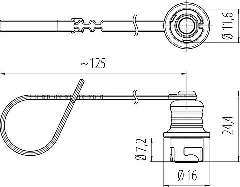 Dessin coté Capuchon de protection, IP67 enfiché et verrouillé, avec sangle de retenue