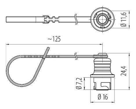 Dessin coté Capuchon de protection, IP67 enfiché et verrouillé, avec sangle de retenue