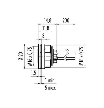 Scale drawing M16 Female panel mount connector, Contacts: 6 (06-a), unshielded, single wires, IP40, M18x0,75, Front mounting