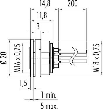 Scale drawing M16 Female panel mount connector, Contacts: 5 (05-a), unshielded, single wires, IP40, M18x0,75, Front mounting