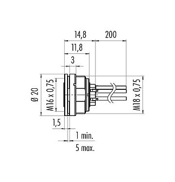 Scale drawing 09 0328 702 07 - M16 Female panel mount connector, Contacts: 7 (07-a), unshielded, single wires, IP40
