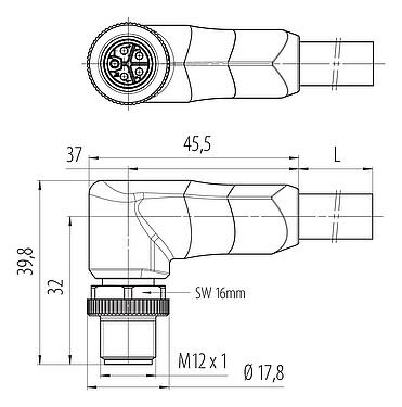 Dibujo a escala M12 Conector macho en ángulo, Número de contactos: 4+FE, sin blindaje, moldeado en el cable, IP68, UL 2238, PUR, negro, 5 x 1,50 mm², 2 m