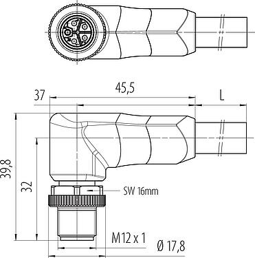 Scale drawing M12 Male angled connector, Contacts: 4+FE, unshielded, moulded on the cable, IP68, UL 2238, PUR, black, 5 x 2,50 mm², 2 m
