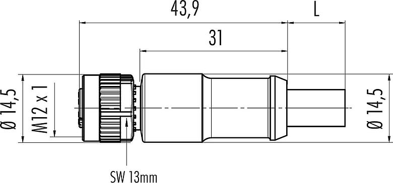 Scale drawing M12 Female cable connector, Contacts: 5, shielded, moulded on the cable, IP68, UL 2238, CAN-Bus, PUR, violet, 1 x 2 x AWG 22 + 1 x 2 x AWG 24, 5 m