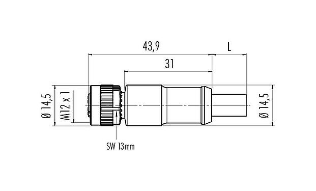 Scale drawing M12 Female cable connector, Contacts: 5, shielded, moulded on the cable, IP68, UL 2238, CAN-Bus, PUR, violet, 1 x 2 x AWG 22 + 1 x 2 x AWG 24, 10 m