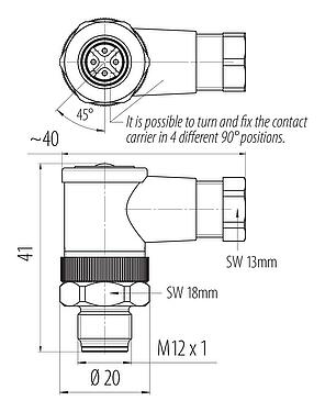 Scale drawing M12 Male angled connector, Contacts: 4, 4.0-6.0 mm, unshielded, screw clamp, IP67, UL 2238