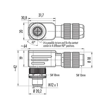 Dibujo a escala M12 Conector macho en ángulo, Número de contactos: 5, 5,0-8,0 mm, blindable, tornillo extraíble, IP67, UL 2238, Pluma de iris