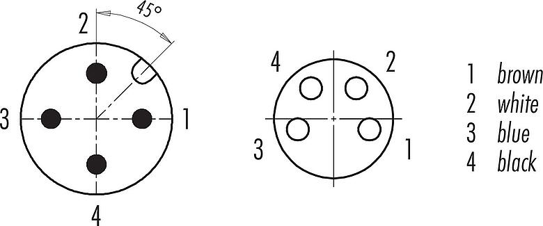 Contact arrangement (Plug-in side) M12/M8 Male cable connector - female angled connector, Contacts: 4, unshielded, moulded on the cable, IP67/IP69K, UL 2238, PUR, black, 4 x 0.34 mm², 1 m