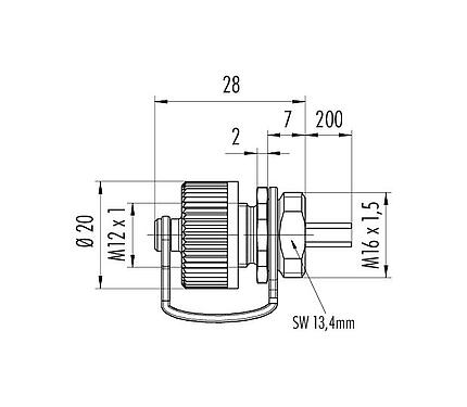 Scale drawing 76 0231 0015 00004-0200 - M12 Male panel mount connector, Contacts: 4, unshielded, single wires, IP68, M16x1.5