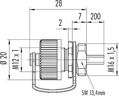Dibujo a escala M12 Enchufe de brida, Número de contactos: 5, sin blindaje, hilos, IP68/IP69K, M16x1,5, Montaje frontal, para aplicaciones exteriores, UV-Beständig, moldeado
