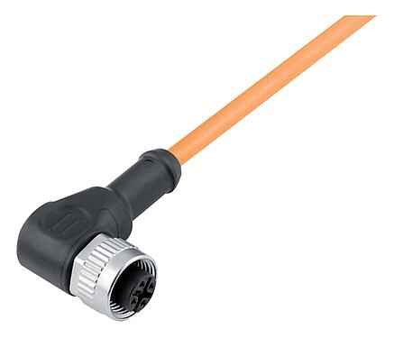 Ilustración M12 Conector hembra en ángulo, Número de contactos: 4, sin blindaje, moldeado en el cable, IP68/IP69K, UL 2238, PUR, naranja, 4 x 0,34 mm², para aplicaciones de soldadura, 5 m