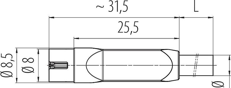 Scale drawing Snap-In Male cable connector, Contacts: 3, unshielded, moulded on the cable, IP40, PVC, black, 3 x 0.25 mm², 2 m