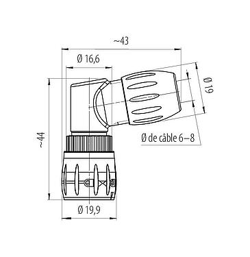 Dessin coté Baïonnette Connecteur mâle coudé, Contacts: 8, 6,0-8,0 mm, non blindé, souder, IP67
