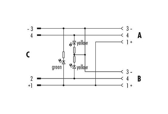 Pin assignment plans M12/M8 Twin distributors, Y-distributor, male connector - 2 female connector, Contacts: 4/3, unshielded, pluggable, IP68, UL 2238, with LED PNP closer