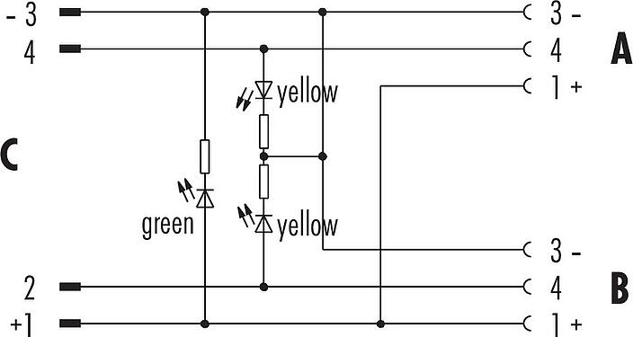 Pin assignment plans M12 Twin distributors Y-distributor, male connector - 2 female connector, Contacts: 4/3, unshielded, pluggable, IP68, UL 2238, with LED PNP closer