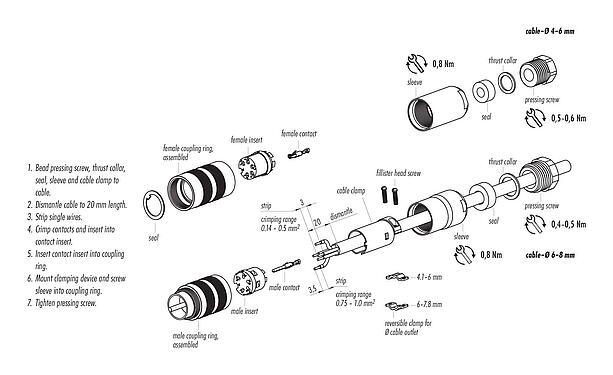 Assembly instructions M16 Female cable connector, Contacts: 5 (05-a), 6.0-8.0 mm, shieldable, crimping (Crimp contacts must be ordered separately), IP67, UL 2238