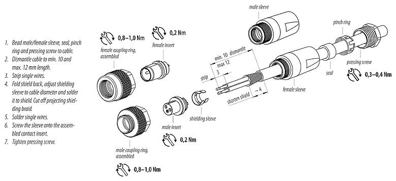 Assembly instructions M9 Male cable connector, Contacts: 4, 3.5-5.0 mm, shieldable, solder, IP67, with shielding cuff