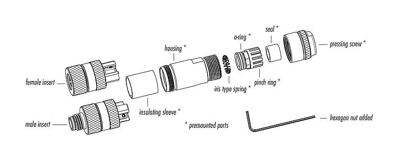 Descripción del artículo 99 3363 100 04 - M8 Conector de cable macho, Número de contactos: 4, 4,0-5,5 mm, blindable, tornillo extraíble, IP67, UL