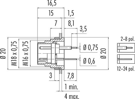 Dibujo a escala M16 Enchufe de brida, Número de contactos: 2 (02-a), sin blindaje, THT, IP40, M18x0,75, Montaje en pared