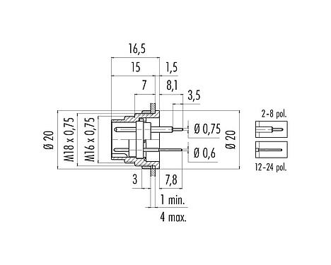 Scale drawing 09 0339 90 16 - M16 Male panel mount connector, Contacts: 16, unshielded, THT, IP40, front fastened