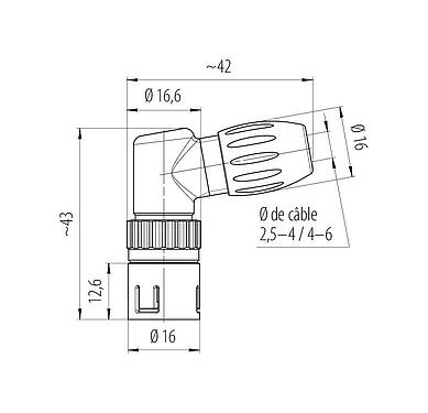 Dessin coté Snap-In Connecteur mâle coudé, Contacts: 12, 4,0-6,0 mm, non blindé, souder, IP67