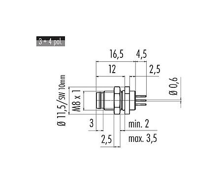 Scale drawing 86 6119 1100 00004 - M8 Male panel mount connector, Contacts: 4, unshielded, THT, IP67, UL 2238, M8x1.0, Rear mounting