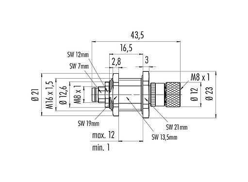 Scale drawing 09 5251 00 04 - M8 Lead-through for control cabinet, Contacts: 4, shielded, pluggable, IP67, M8x1.0