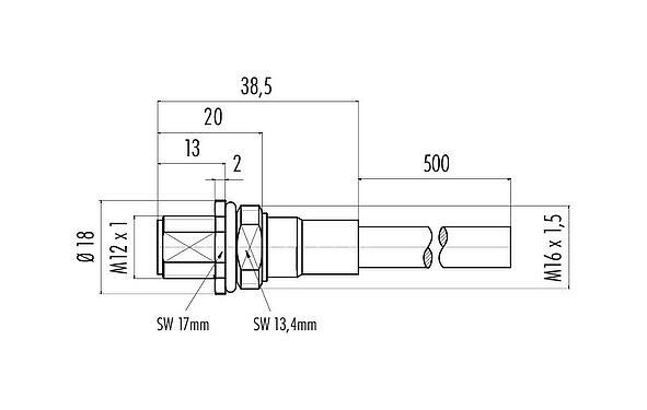 Scale drawing M12 Male panel mount connector, Contacts: 8, shielded, with cable assembled, IP68, M16x1.5, PUR, black, 5 x 0.25 mm², Front mounting, 0.5 m