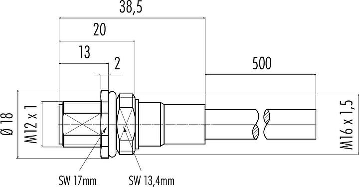 Scale drawing M12 Male panel mount connector, Contacts: 8, shielded, with cable assembled, IP68, M16x1.5, PUR, black, 5 x 0.25 mm², Front mounting, 0.5 m