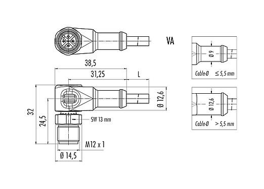 Scale drawing M12 Male angled connector, Contacts: 5, unshielded, moulded on the cable, IP67/IP69K, UL 2238, PUR, black, 5 x 0.34 mm², stainless steel, 2 m