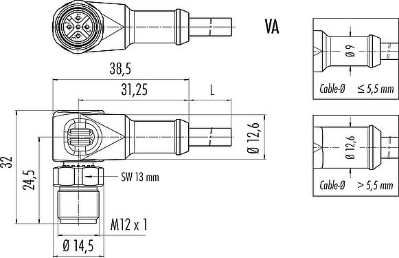 Scale drawing M12 Male angled connector, Contacts: 5, unshielded, moulded on the cable, IP67/IP69K, UL 2238, PUR, black, 5 x 0.34 mm², stainless steel, 5 m